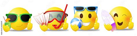 Summer emoji set with sunglasses, cocktail, beach ball, diving suit and ...