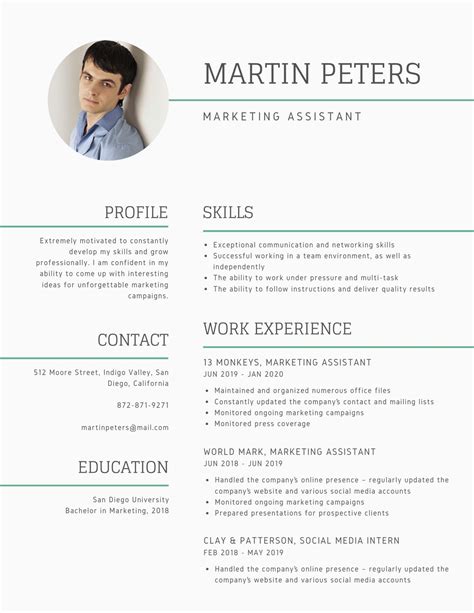 Mint Green Lines Photo Marketing Assistant Modern Resume - Templates by Canva