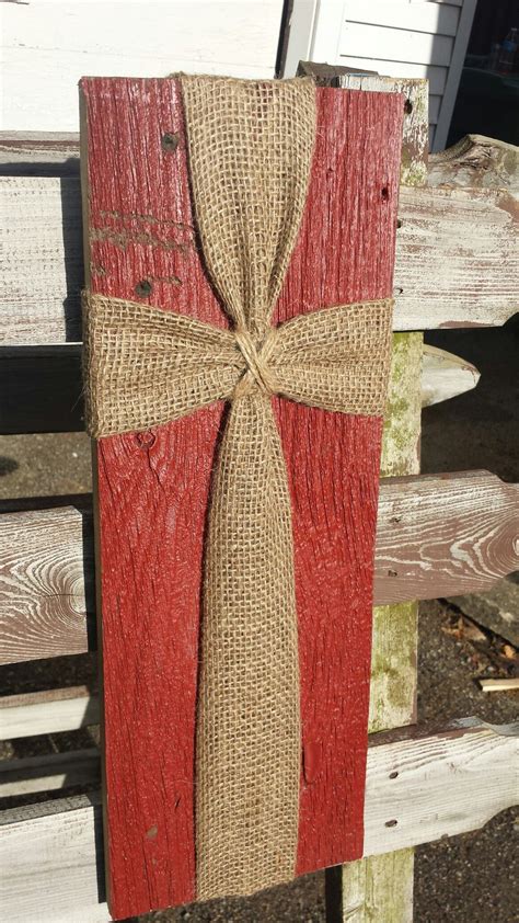 Barn siding with burlap and twine cross wall plaque. Reclaimed rustic ...