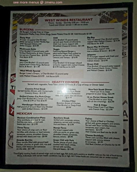 Menu at West Winds Restaurant, Green River, E Main St