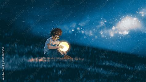 night scene showing young boy with a little moon in his hands sitting on meadow, digital art ...