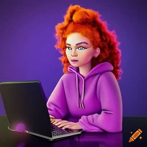 Woman with red curly hair working at an office desk on Craiyon