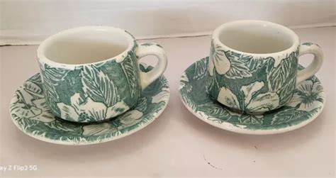 SET OF 2 Tepco Cup & Saucer Restaurant Ware W Hibiscus Green Pattern $69.00 - PicClick