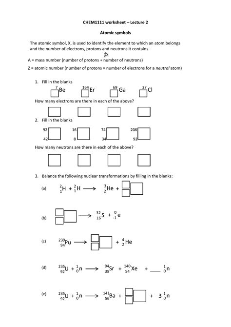 Worksheet 02 - Practice questions - CHEM1111 worksheet Atomic symbols ...