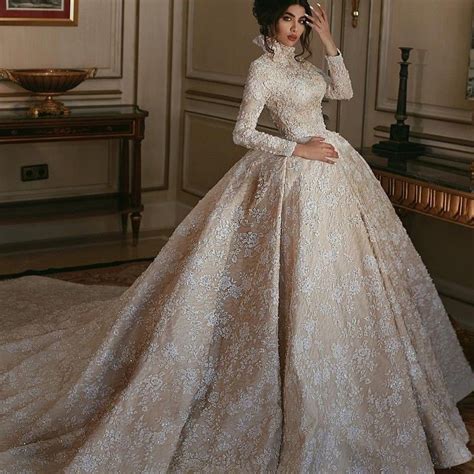 Fashion Saudi Arabia Wedding Dress High Neck Long Sleeves Beads Lace ...