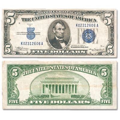 1934 $5 Dollar Bill Value: are "Green", "Yellow", "Blue" seal worth money?