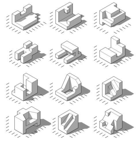 a set of nine low polygonic 3d shapes, each with different angles and sizes