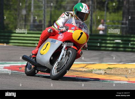 Imola Circuit, Italy. 21 April 2018: Giacomo Agostini on MV Agusta during Motor Legend Festival ...