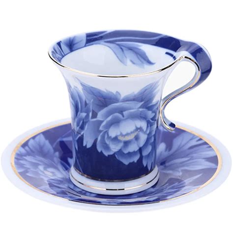 Coffee Mugs Blue Peony Purple Rose Bone China Coffee Cup with Disc ...