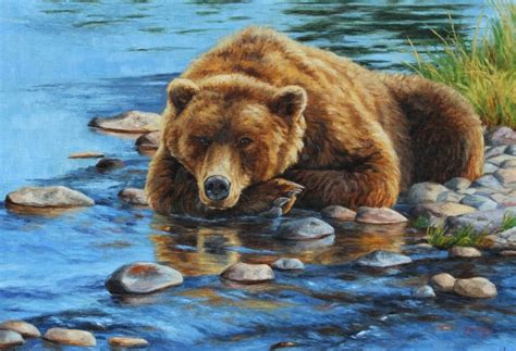 Riverside Relaxation- oil | CLIFF ROSSBERG | Bear paintings, Bear art ...