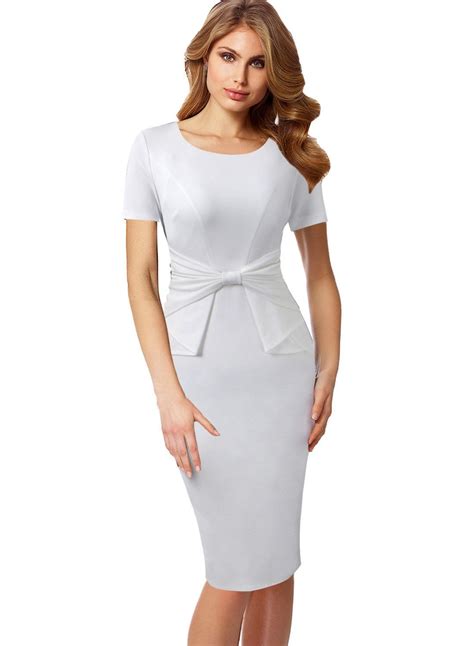 VFSHOW Womens Short Sleeves Pleated Bow Wear to Work Church Sheath Dress 735 WHT XS >>> Find out ...