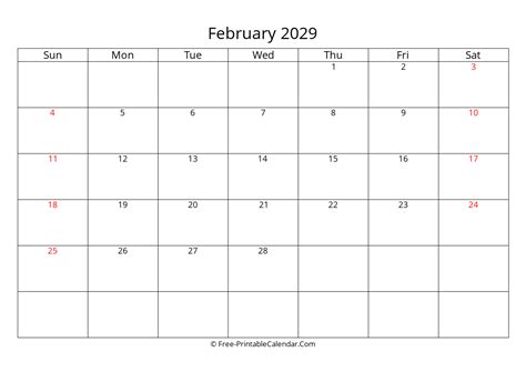 Free Printable Calendar February 2029, weeks start on Sunday