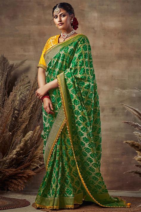 Buy Green Bandhani Silk Saree Online | Like A Diva