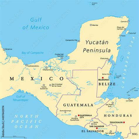 Plakat Yucatan Peninsula political map. Large peninsula in southeastern Mexico and adjectants ...