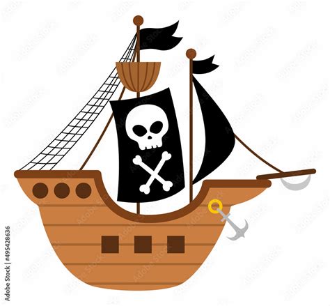 Vector pirate ship icon. Cute sea vessel illustration. Treasure island hunter boat with black ...