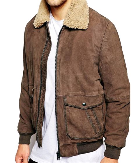 Men's Bomber Brown Leather Jacket with Sherpa Fur Collar - Jackets Creator