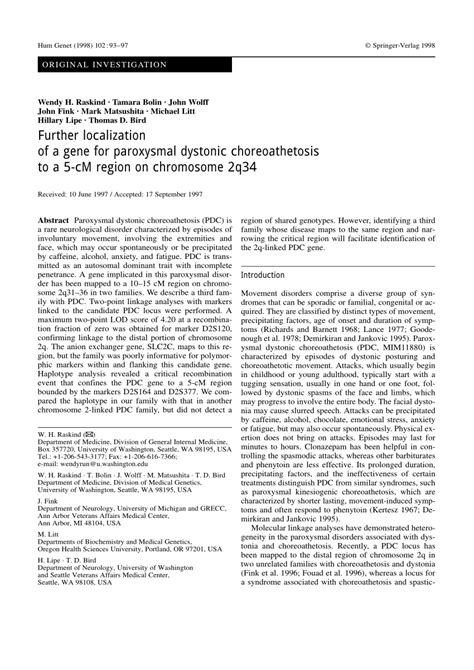 (PDF) Further localization of a gene for paroxysmal dystonic ...