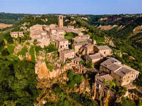 Aerial view of Civita di Bagnoregio, The Dying City, Lazio, Italy, Europe stock photo