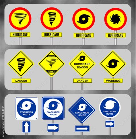 Set road sign hurricane. Yellow hazard warning sign against tornado ...