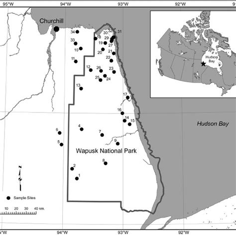 Map of Wapusk National Park showing location of study sites and the ...