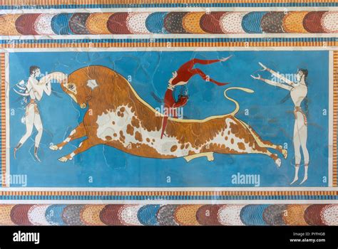 Bull-leaping fresco, Minoan Palace of Knossos, Heraklion (Irakleio), Irakleio Region, Crete ...