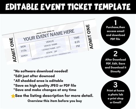 Editable Event Ticket Template, Event Tickets, Printable Event Ticket, Personalized Gift for Him ...