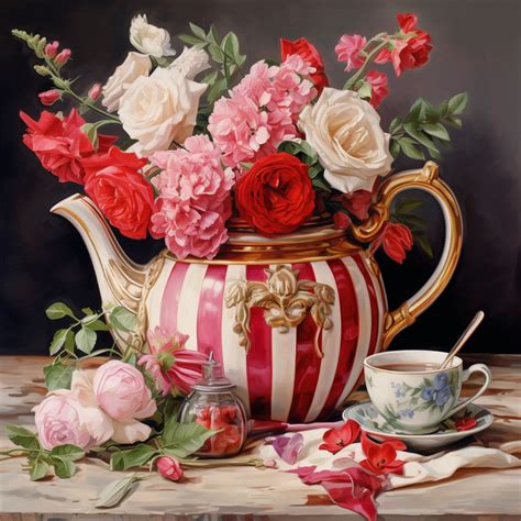 Candy Striped Floral Teapot Art Free Stock Photo - Public Domain Pictures