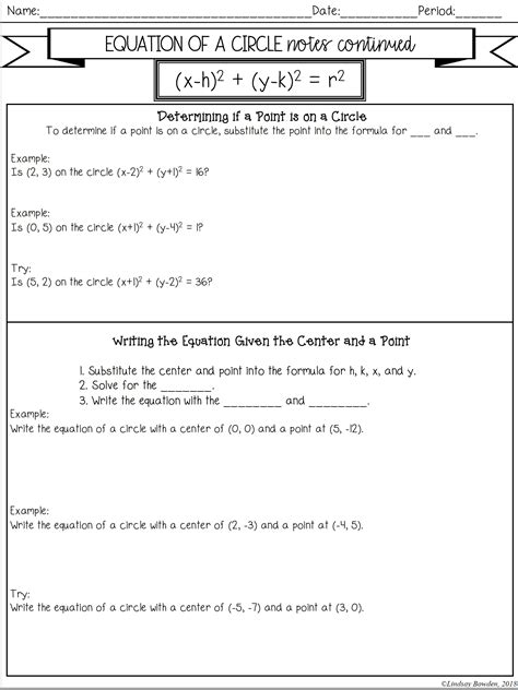 Equation of a Circle Notes and Worksheets - Lindsay Bowden