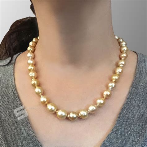 Authentic Golden Cultured Pearl Necklace, Genuine South Sea Pearl And 14KT Solid Gold Clasp ...