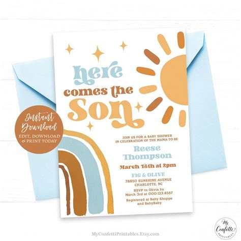 Here Comes the Son Baby Shower Invitation Template, Editable, Boy ...