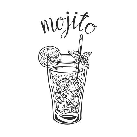 Mojito classic cocktail hand drawn vector illustration. Lemonade glass ...