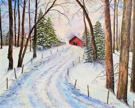 Winter Landscape Snow Painting Red Barn Painting Snow | Etsy