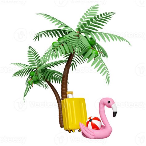 3d summer sea beach with suitcase, Inflatable flamingo, palm tree ...