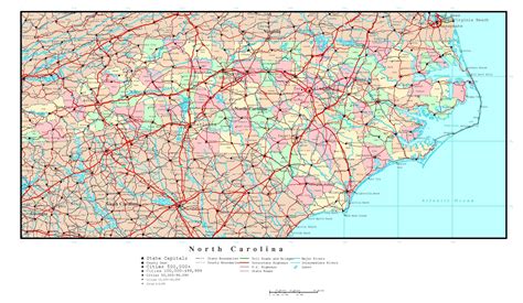 Laminated Map Large Detailed Administrative Map Of North Carolina ...