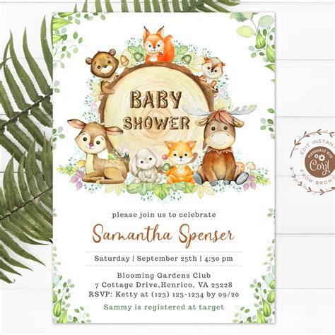 Woodland baby shower invitation template, Animals baby shower, Forest ...