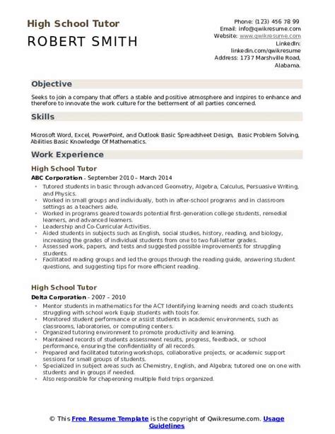 High School Tutor Resume Samples | QwikResume