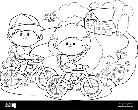 Children riding their bicycles to school. Vector black and white coloring page Stock Vector ...