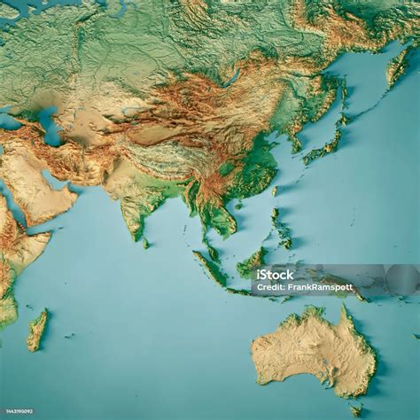 Asia Australia Topographic Map 3d Render Color Stock Photo - Download Image Now - Map, Asia ...