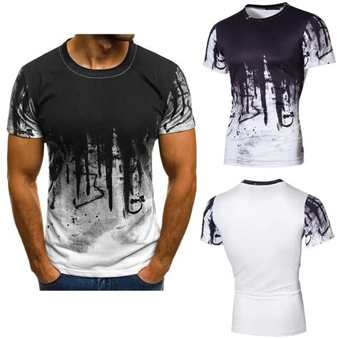 New Trendy Men Tees Summer Sport Casual Splashing Ink Pattern Printed T shirt Slim Fit O Neck ...