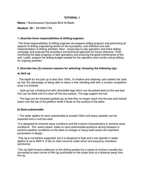 TUTORIAL 1 Drilling Engineer | PDF | Drilling Rig | Mechanical Engineering