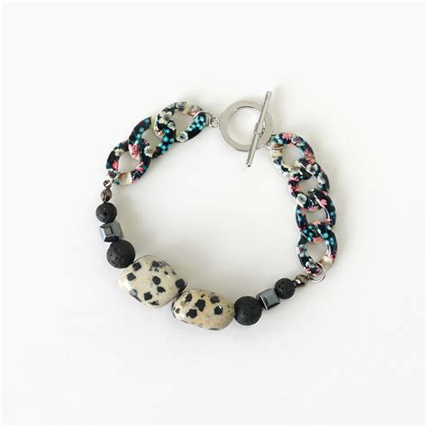 Bold Spots Dalmatian Stone Bracelet with Black Lava Beads — Tree Craft Diary in 2020 | Dalmatian ...