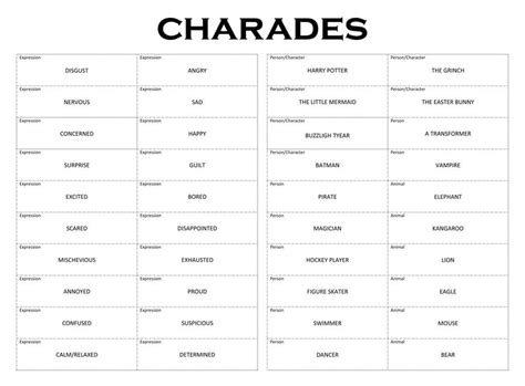 Printable Things To Act Out Charades | Charades words, Charades ...