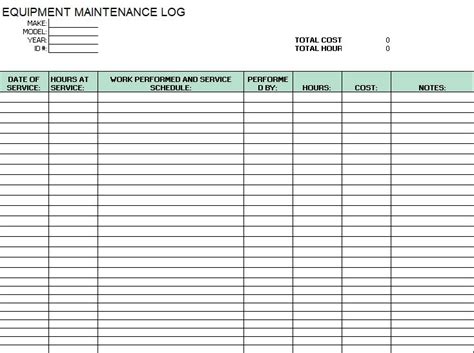 Printable Equipment Maintenance Log Template Excel