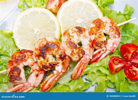 Plate of Grilled Prawns with Salad and Cherry Tomatoes Stock Image ...