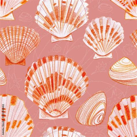 Seamless pattern composed from sea shells drawn with colored pencils on ...