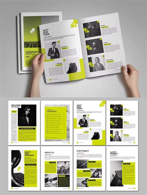 a person is holding an open brochure in front of the pages, with yellow ...