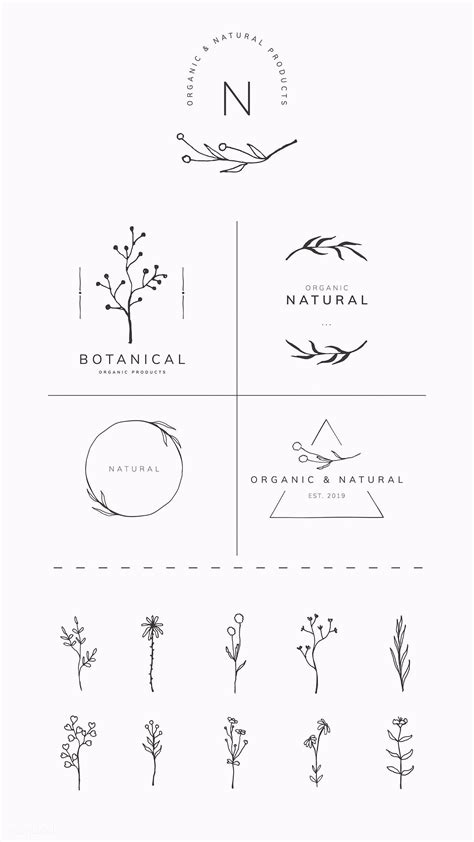 the botanical logo design is shown in black and white, with different types of plants