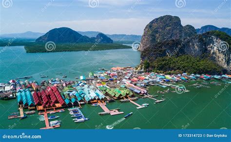 Aerial Panorama View Over Ko Panyi Floating Village in Souther of Thailand. Ko Panyi is a ...