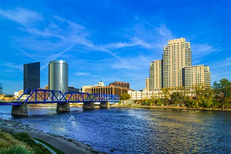 Grand Rapids Downtown Skyline With Bridge And River Stock Photo ...