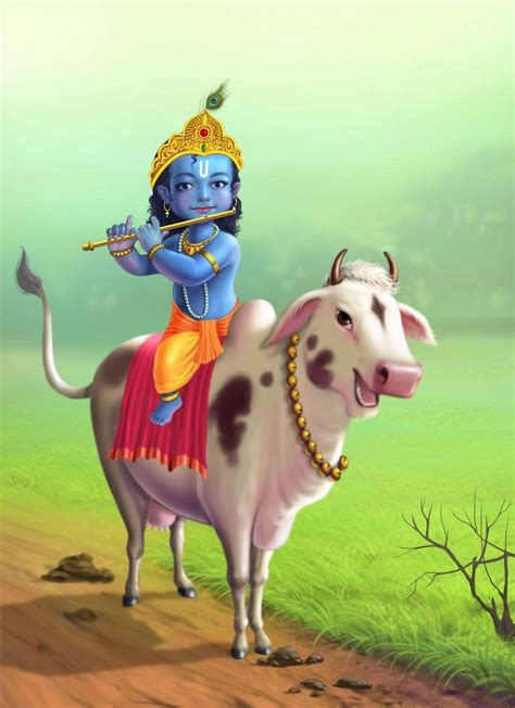 Download Little Krishna HD Riding Cow Wallpaper | Wallpapers.com